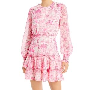 AQUA Toile Printed Ruffled Mini‎ Dress, Sz Large, pink, long sleeve crew neck